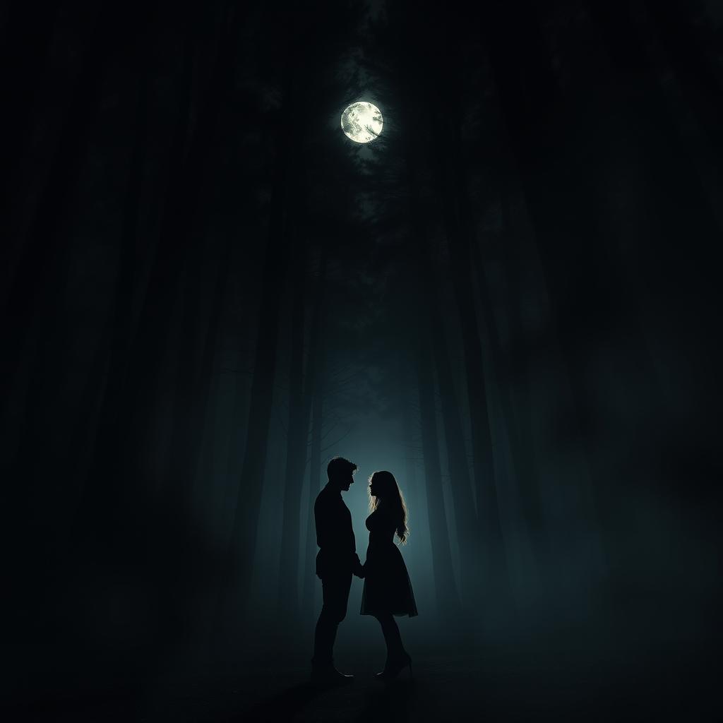 A couple standing together in a dark and mysterious forest