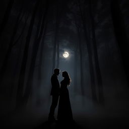 A couple standing together in a dark and mysterious forest