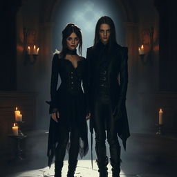 dark and mysterious couple standing together, wearing gothic attire, surrounded by a moody, shadowy atmosphere