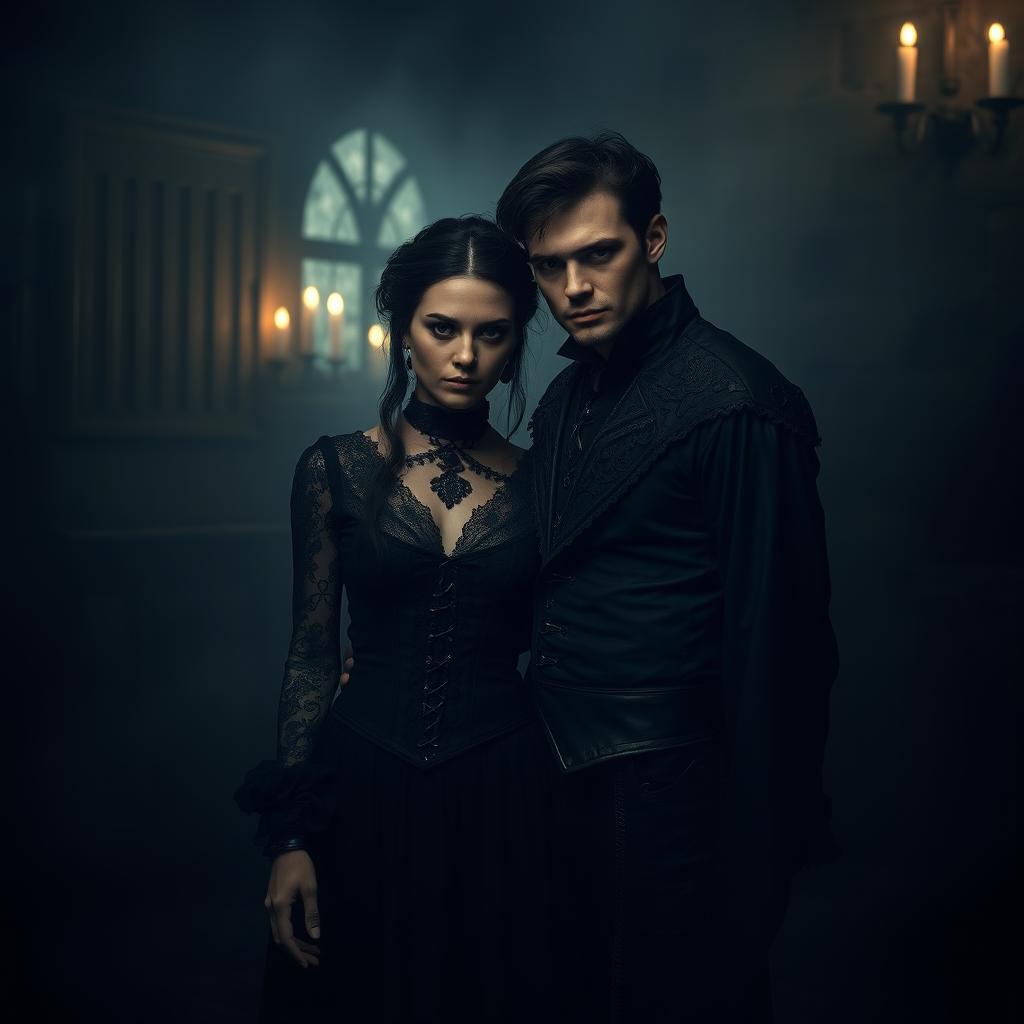 dark and mysterious couple standing together, wearing gothic attire, surrounded by a moody, shadowy atmosphere