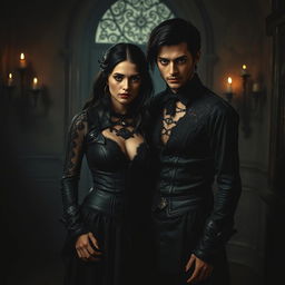 dark and mysterious couple standing together, wearing gothic attire, surrounded by a moody, shadowy atmosphere