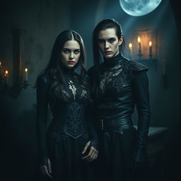 dark and mysterious couple standing together, wearing gothic attire, surrounded by a moody, shadowy atmosphere