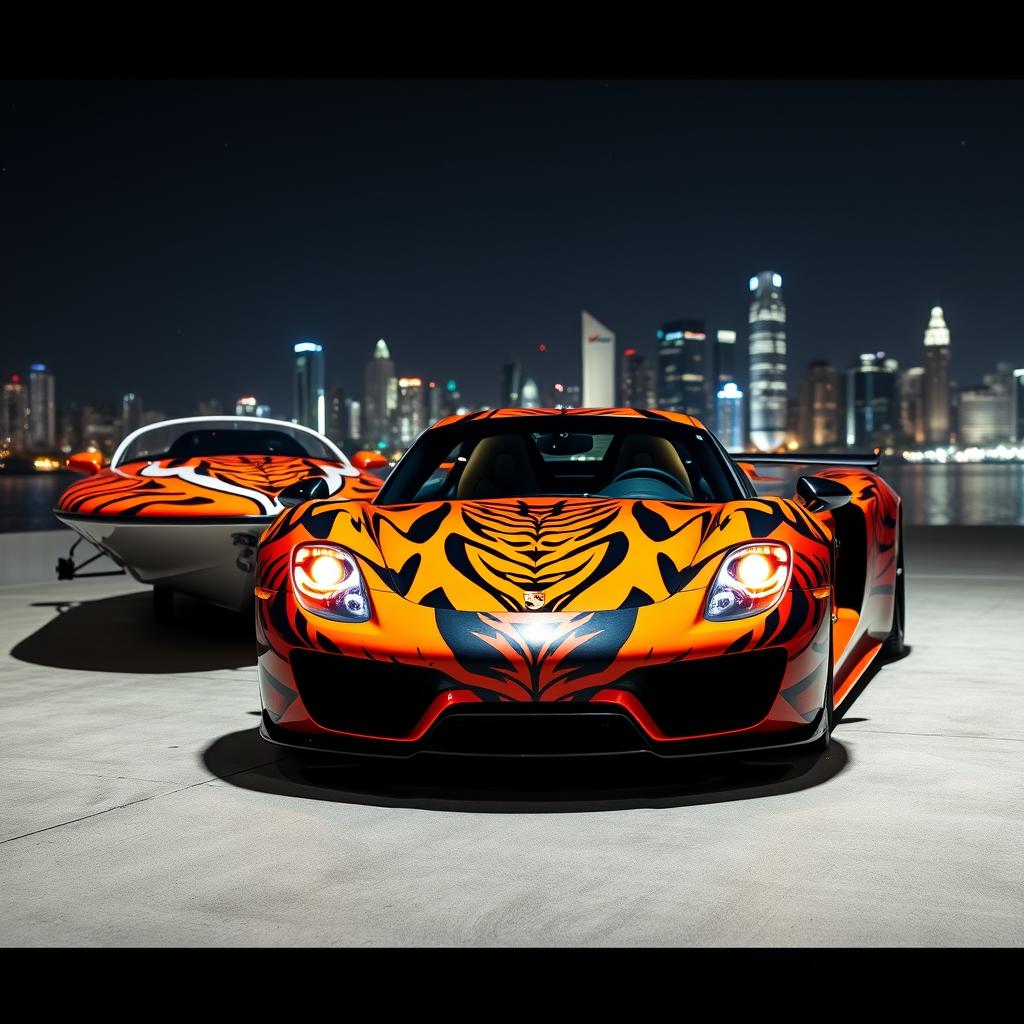 Porsche 918 Spyder with a striking tiger design, featuring vibrant orange headlights