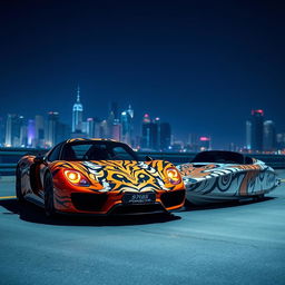 Porsche 918 Spyder with a striking tiger design, featuring vibrant orange headlights