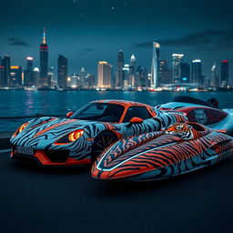 Porsche 918 Spyder with a striking tiger design, featuring vibrant orange headlights