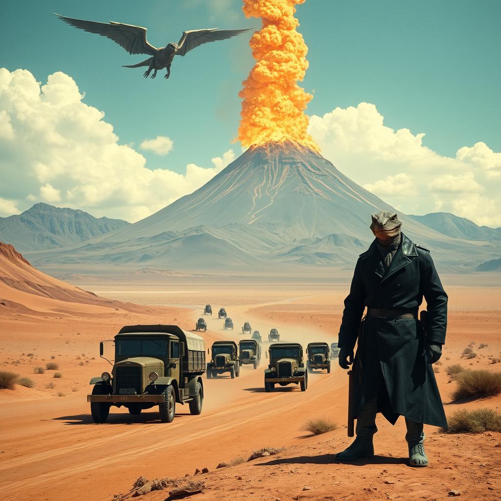 A scene capturing a 1932 setting with an active volcano erupting in the background