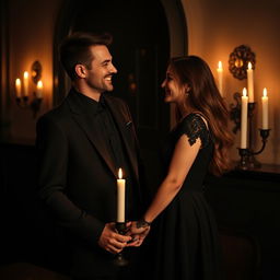 a happy dark-themed couple, dressed elegantly, standing together in a dimly lit room with candles casting a warm glow