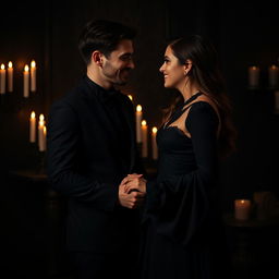 a happy dark-themed couple, dressed elegantly, standing together in a dimly lit room with candles casting a warm glow