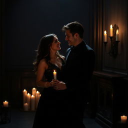 a happy dark-themed couple, dressed elegantly, standing together in a dimly lit room with candles casting a warm glow