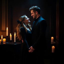 a happy dark-themed couple, dressed elegantly, standing together in a dimly lit room with candles casting a warm glow