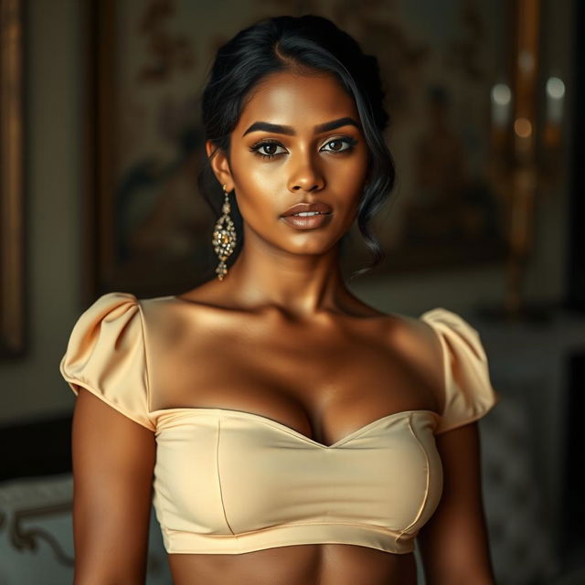 An Indian woman with brown skin, showcasing her natural features