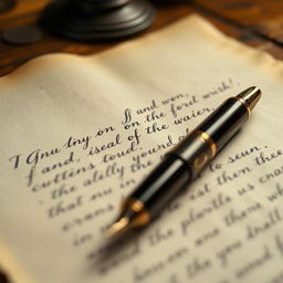 A close-up of a vintage handwritten letter, showcasing elegant and flowing cursive lettering, with a classic fountain pen placed beside it on an aged wooden desk