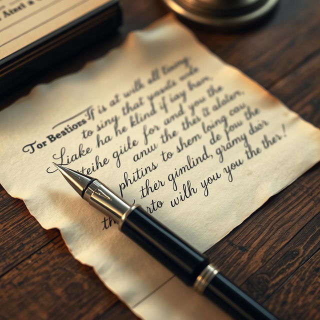 A close-up of a vintage handwritten letter, showcasing elegant and flowing cursive lettering, with a classic fountain pen placed beside it on an aged wooden desk