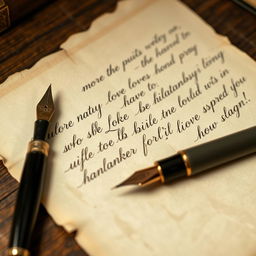 A close-up of a vintage handwritten letter, showcasing elegant and flowing cursive lettering, with a classic fountain pen placed beside it on an aged wooden desk