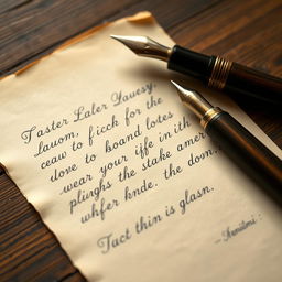 A close-up of a vintage handwritten letter, showcasing elegant and flowing cursive lettering, with a classic fountain pen placed beside it on an aged wooden desk