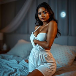 An Indian woman with brown skin, wearing very tight pajamas at night that highlight her curves and offer a glimpse of cleavage