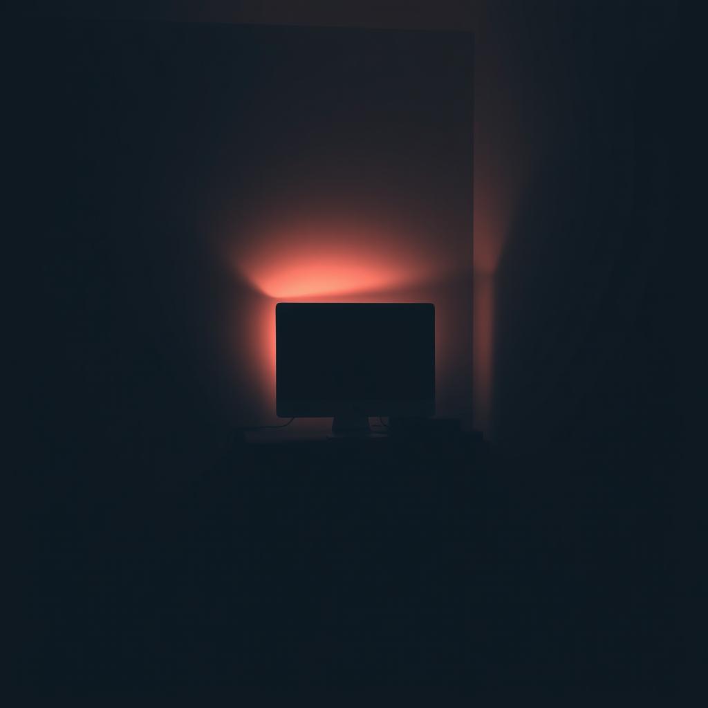 A dimly lit room with a single computer casting a soft glow