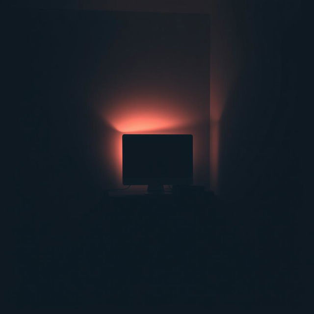 A dimly lit room with a single computer casting a soft glow