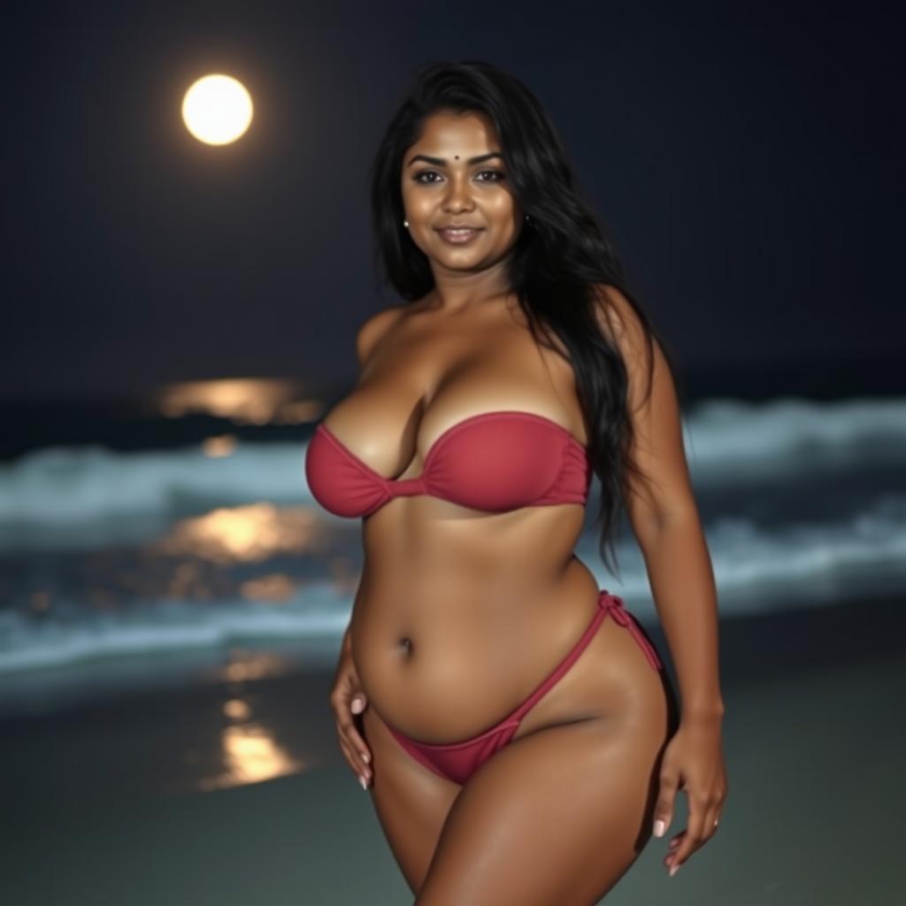 An Indian woman with a chubby figure and brown skin wearing a very tight bikini at night