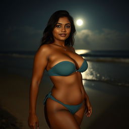 An Indian woman with a chubby figure and brown skin wearing a very tight bikini at night