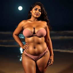 An Indian woman with a chubby figure and brown skin wearing a very tight bikini at night