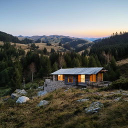 A rustic house atop a scenic mountain, surrounded by untouched nature.