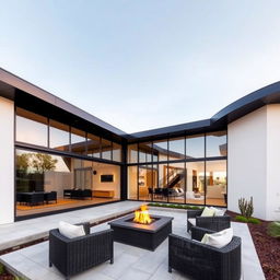 A modern house with sleek architectural lines, large glass windows, and a minimalist design