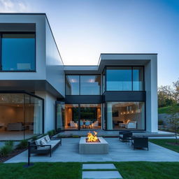 A modern house with sleek architectural lines, large glass windows, and a minimalist design