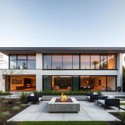 A modern house with sleek architectural lines, large glass windows, and a minimalist design