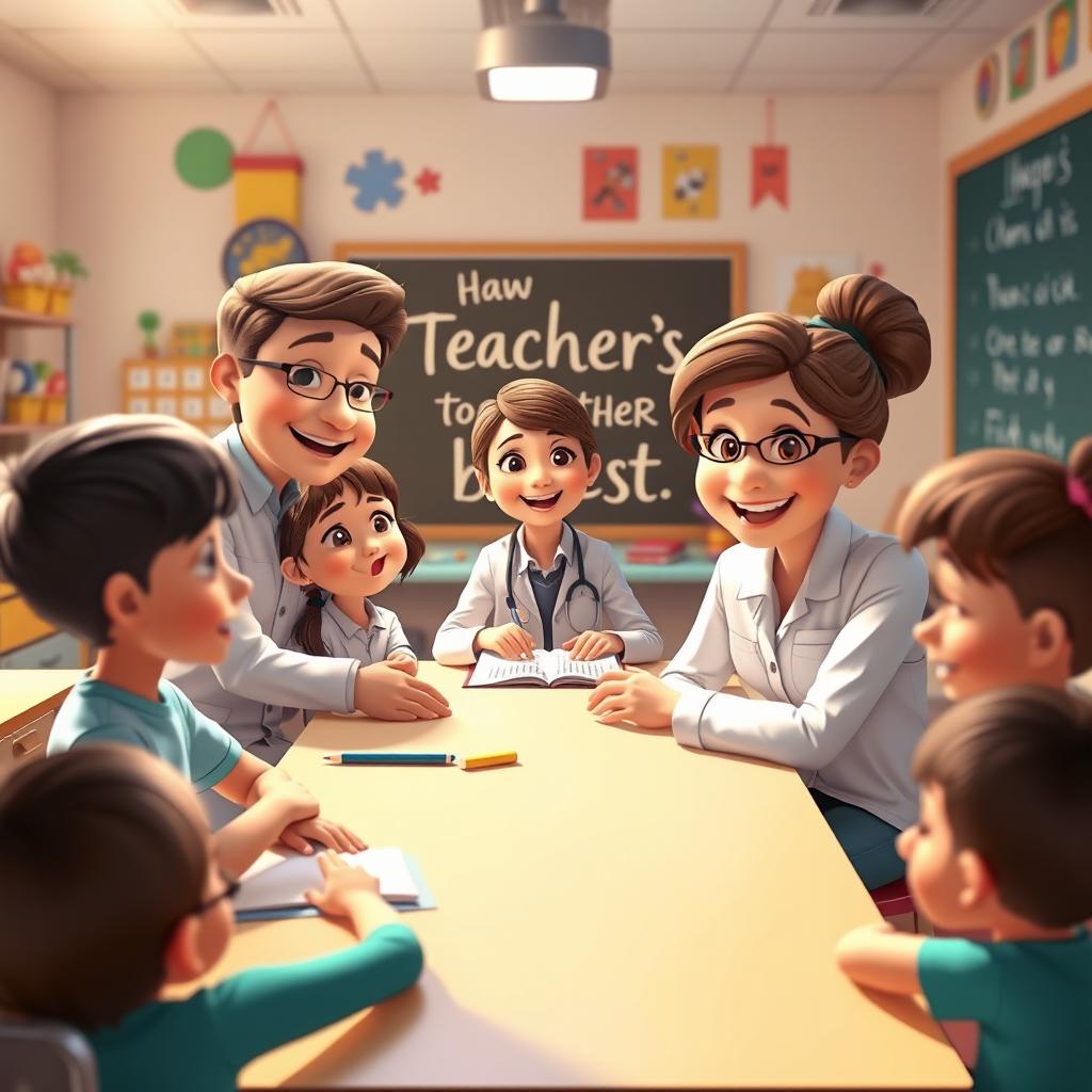 An animated scene depicting a heartwarming, emotional moment between animated teacher characters and their students