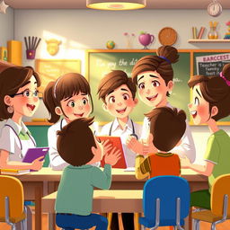 An animated scene depicting a heartwarming, emotional moment between animated teacher characters and their students