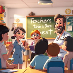 An animated scene depicting a heartwarming, emotional moment between animated teacher characters and their students