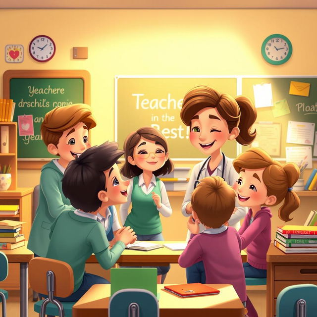 An animated scene depicting a heartwarming, emotional moment between animated teacher characters and their students