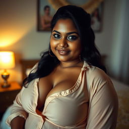 An Indian woman with a chubby figure and brown skin, wearing just a blouse that highlights her curves and offers a glimpse of cleavage