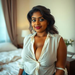 An Indian woman with a chubby figure and brown skin, wearing just a blouse that highlights her curves and offers a glimpse of cleavage