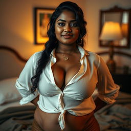 An Indian woman with a chubby figure and brown skin, wearing just a blouse that highlights her curves and offers a glimpse of cleavage