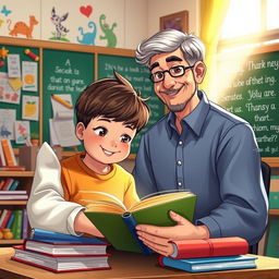 A heartwarming scene depicting a wise and gentle teacher with a warm smile, sitting beside a student engrossed in learning