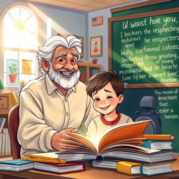 A heartwarming scene depicting a wise and gentle teacher with a warm smile, sitting beside a student engrossed in learning