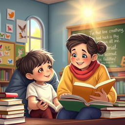 A heartwarming scene depicting a wise and gentle teacher with a warm smile, sitting beside a student engrossed in learning