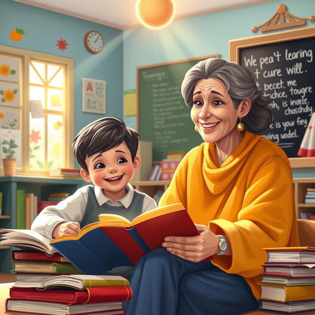 A heartwarming scene depicting a wise and gentle teacher with a warm smile, sitting beside a student engrossed in learning