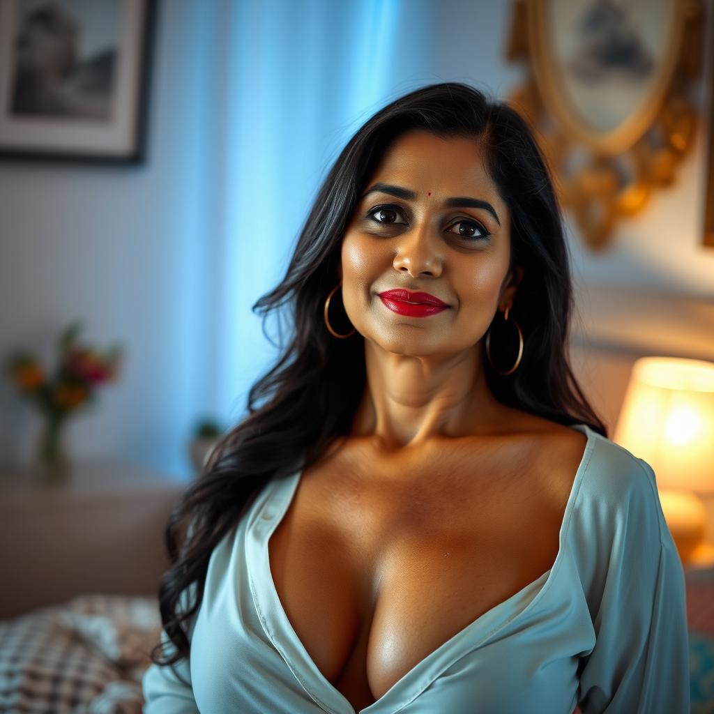 An Indian woman with mature features, indicative of a MILF, wearing just a blouse that accentuates her curves and cleavage