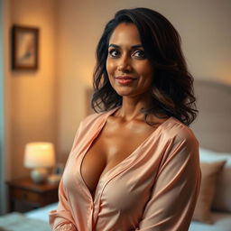 An Indian woman with mature features, indicative of a MILF, wearing just a blouse that accentuates her curves and cleavage