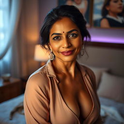 An Indian woman with mature features, indicative of a MILF, wearing just a blouse that accentuates her curves and cleavage