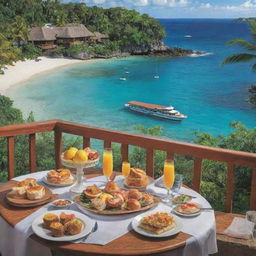 A vibrant illustration of the 'Paradise Getaway' package encapsulating picturesque accommodations, a lavish buffet breakfast spread, thrilling island hopping adventures, vivid snorkeling experiences, alongside serene scenarios of relaxation and engaging recreational activities.