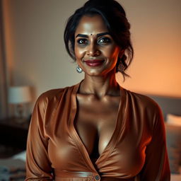 An Indian woman with mature features, indicative of a MILF, wearing just a blouse that accentuates her curves and cleavage