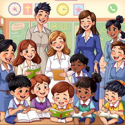 An animated scene of diverse teachers expressing various emotions as they joyfully interact with a group of school kids