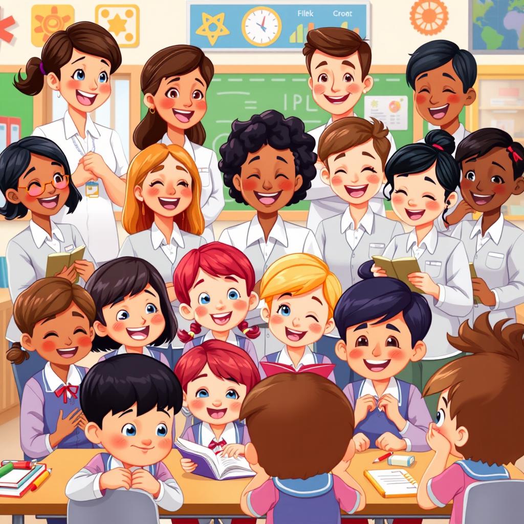 An animated scene of diverse teachers expressing various emotions as they joyfully interact with a group of school kids