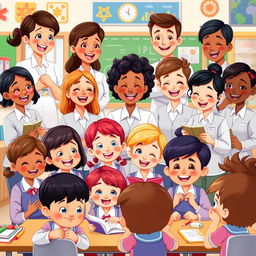 An animated scene of diverse teachers expressing various emotions as they joyfully interact with a group of school kids