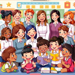 An animated scene of diverse teachers expressing various emotions as they joyfully interact with a group of school kids