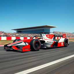 A Porsche Formula One car, designed with sleek aerodynamic features and a modern livery that combines Porsche's iconic colors